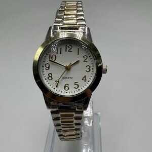 3/$30 Accutime Watch Women Two Tone White Dial Stretch Band Works 7.5 Inch